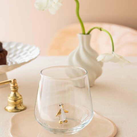 Penguin Figurine Drinking Glass – Clear with Gold Details - Bluerees