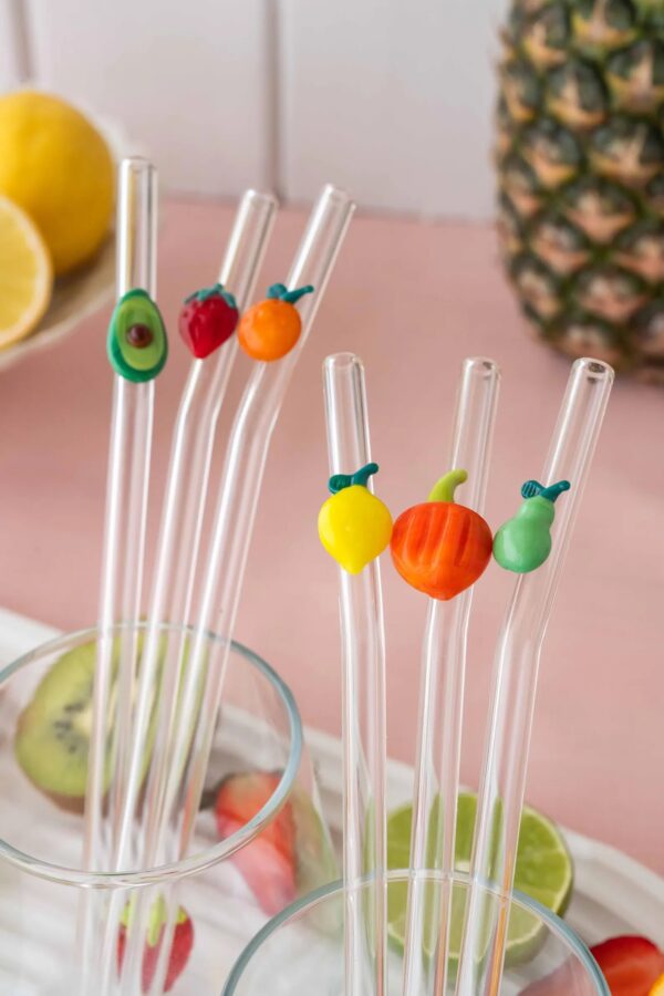 Glass Straw Set of 7 – Handmade Fruit & Veggie Straws with Avocado, Orange, Strawberry, Lemon, Pumpkin, Pear, Cute Eco-Friendly Gift - Bluerees