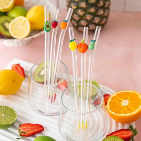 Glass Straw Set of 7 – Handmade Fruit & Veggie Straws with Avocado, Orange, Strawberry, Lemon, Pumpkin, Pear, Cute Eco-Friendly Gift - Bluerees