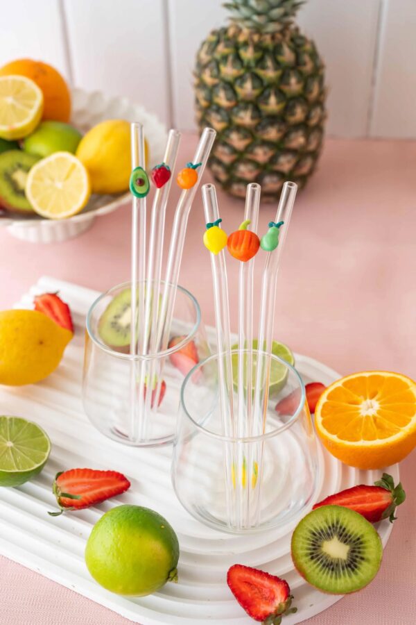 Glass Straw Set of 7 – Handmade Fruit & Veggie Straws with Avocado, Orange, Strawberry, Lemon, Pumpkin, Pear, Cute Eco-Friendly Gift - Bluerees