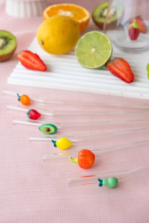 Glass Straw Set of 7 – Handmade Fruit & Veggie Straws with Avocado, Orange, Strawberry, Lemon, Pumpkin, Pear, Cute Eco-Friendly Gift - Bluerees