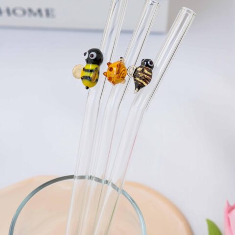 Bee & Hedgehog Straw Set of 3 – Reusable Glass Straws with Cute Figurines - Bluerees