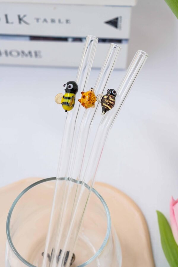 Bee & Hedgehog Straw Set of 3 – Reusable Glass Straws with Cute Figurines - Bluerees