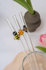 Bee & Hedgehog Straw Set of 3 – Reusable Glass Straws with Cute Figurines - Bluerees