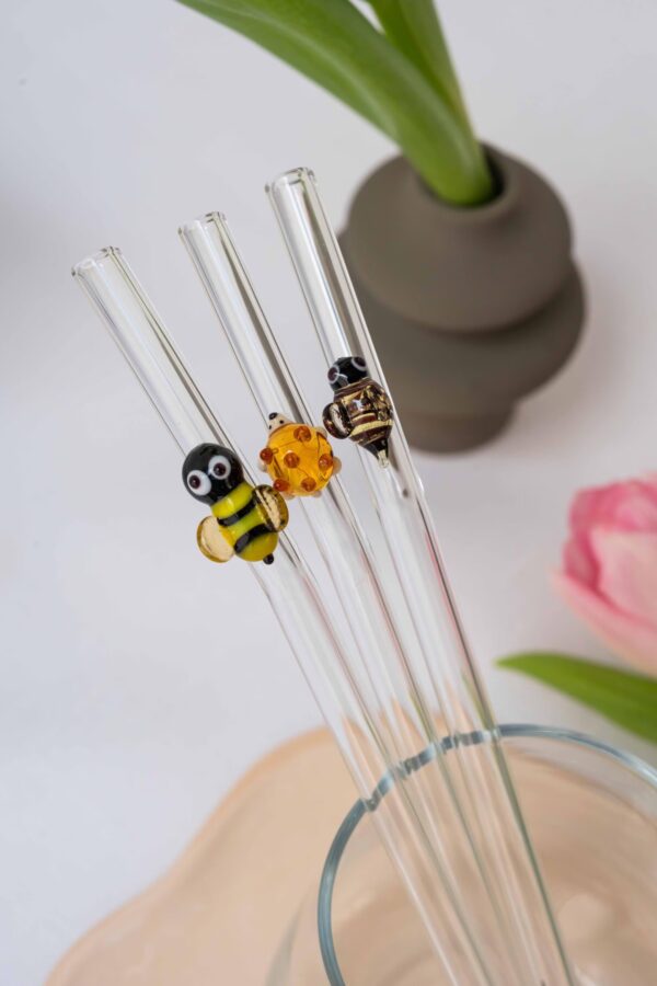 Bee & Hedgehog Straw Set of 3 – Reusable Glass Straws with Cute Figurines - Bluerees